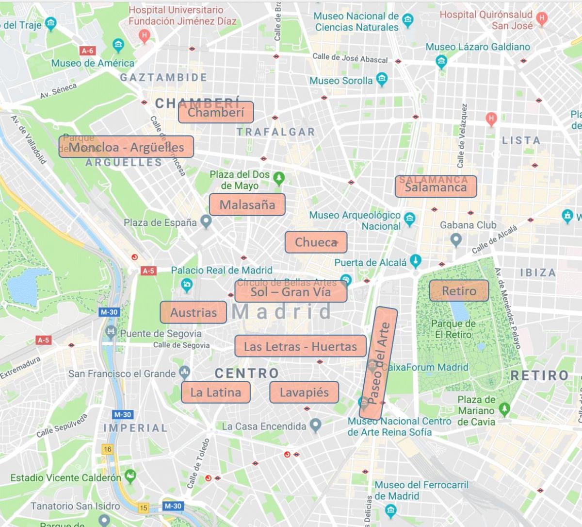 mapa de Madrid, Espanha bairros
