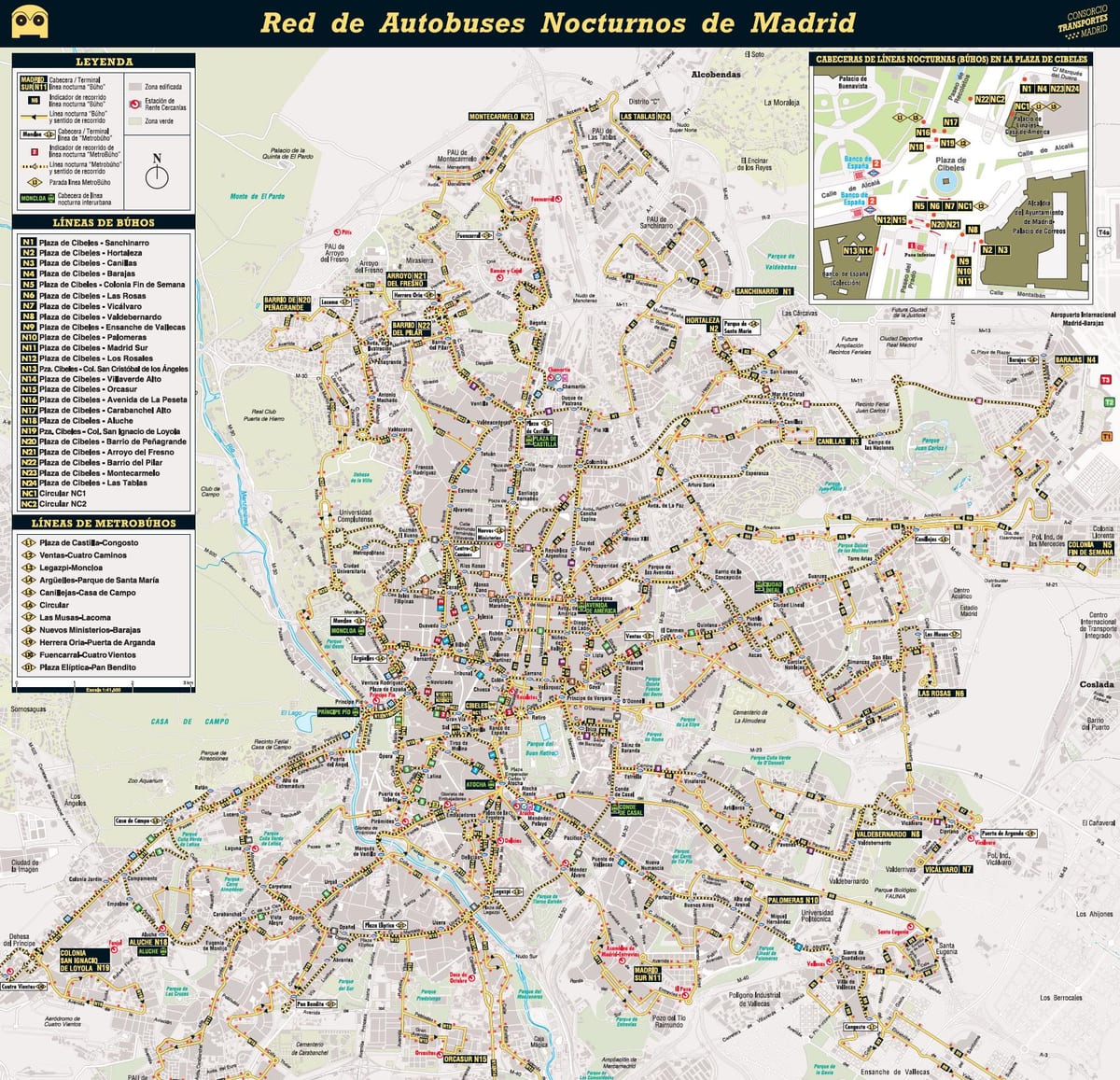 mapa de Madrid noite de ônibus